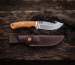 Harvest Moon D2 gut hook hunting knife with olive wood handle, brass bolster and leather sheath