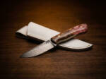 Rose Quartz Damascus drop point ladies knife with burl wood and pink resin handle and cream leather sheath