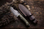 Sagebrush stonewashed D2 gut hook hunting knife with sage green Micarta handle and leather sheath
