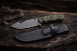 Moss Creek stonewashed D2 gut hook hunting knife with olive green Micarta handle and black leather sheath