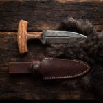 Forgepoint high carbon push dagger with rosewood T-handle, brass pins and oxblood leather sheath