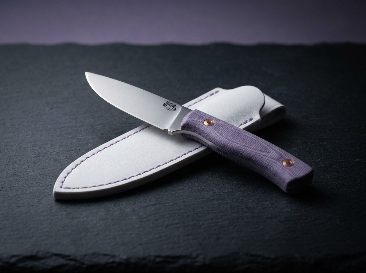 Lilac Trail Handmade D2 Steel Drop Point Ladies Knife with Lavender Micarta Handle & White Leather Sheath | Women’s Outdoor Knife | BMK-1206
