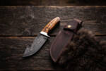 Grove Serpent Damascus gut hook hunting knife with olive wood handle, stainless bolster and oxblood leather sheath