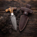 Sunspike Damascus push dagger with amber maple burl T-handle, stainless bolster and dark brown leather sheath
