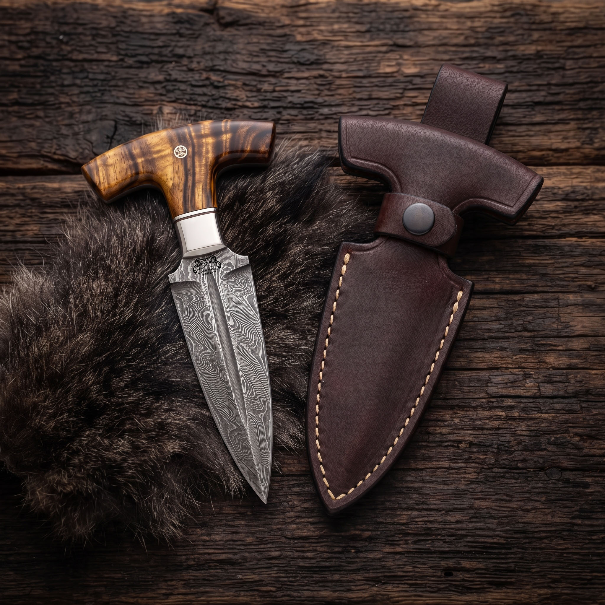 Sunspike Handmade Damascus Push Dagger with Stabilised Maple Burl Handle, Stainless Bolster & Leather Sheath | Collector Knife | BMK-1193