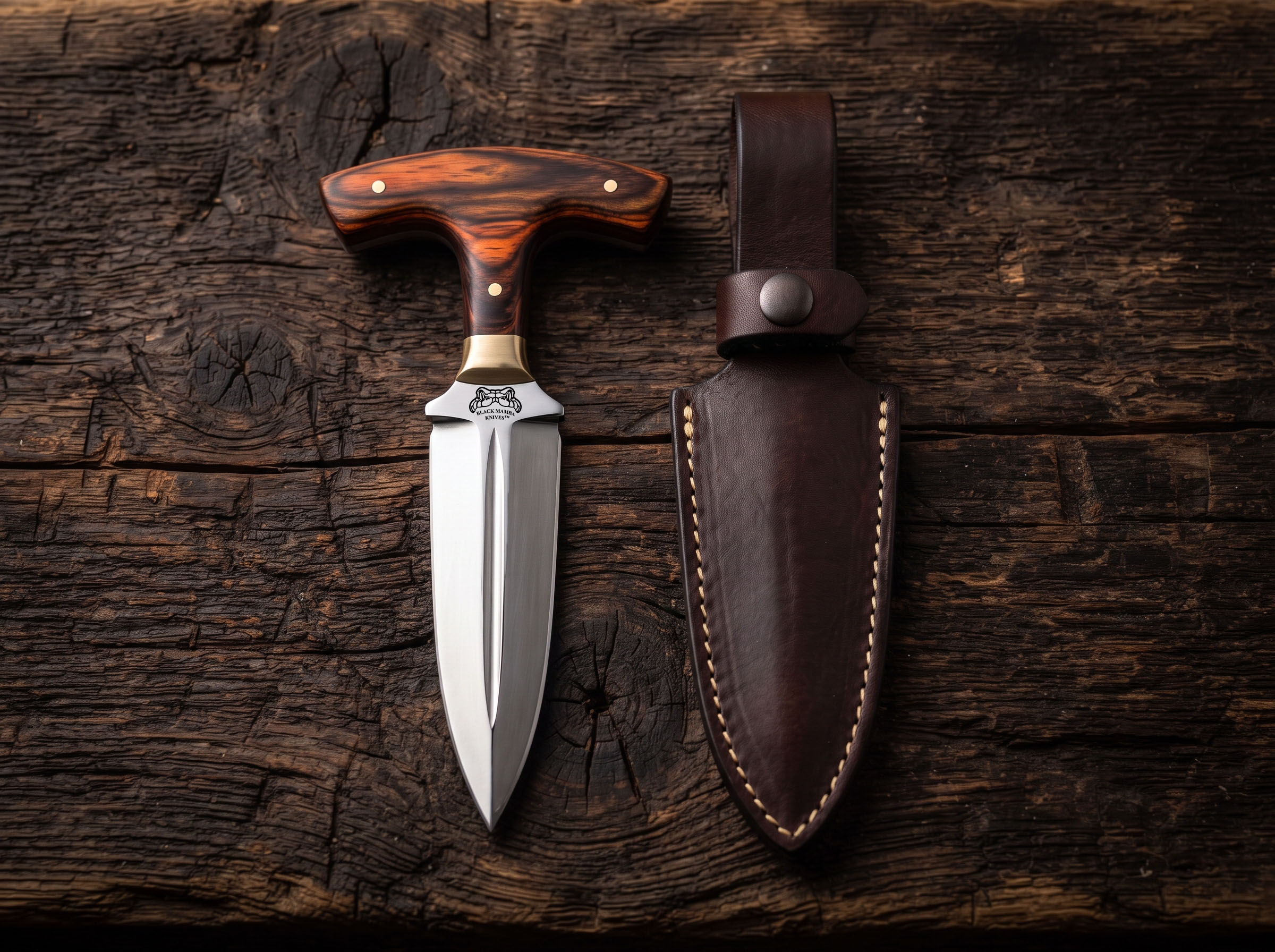 Bronze Fist Handmade D2 Steel Mirror Polished Push Dagger with Rosewood Handle, Brass Bolster & Leather Sheath | Classic EDC Knife | BMK-1194
