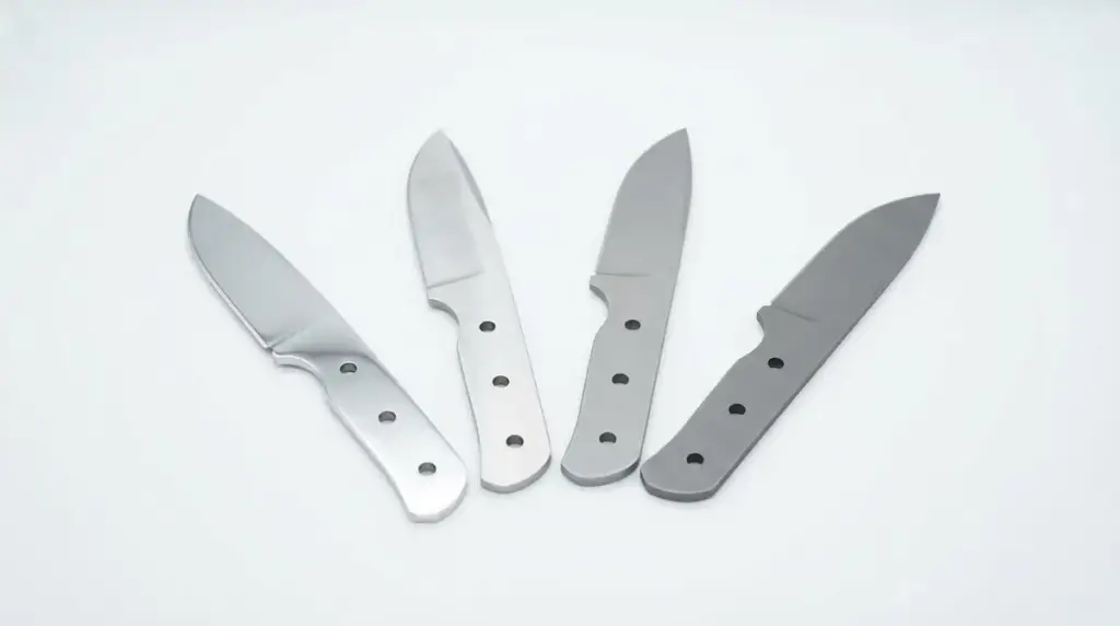 Four bare blade blanks fanned in an arc on white showing different finishes