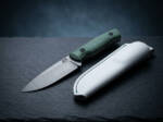Wild Fern stonewashed D2 drop point ladies knife with forest green Micarta handle and white leather sheath