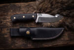 Redvein satin D2 gut hook hunting knife with black Micarta handle, red liners and black leather sheath