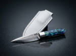 Ocean Bloom Damascus spear point ladies knife with blue green abalone resin handle and white leather sheath