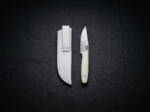 Snowdrop Damascus drop point ladies neck knife with pure white buffalo bone handle and white leather sheath