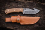 Coyote Ripple Damascus gut hook hunting knife with coyote tan Micarta handle and tan leather sheath