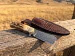 Buckhorn Twist Damascus cowboy bull cutter knife with stag antler handle, brass bolster and tooled leather sheath on a fence rail