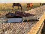 Sage Outrider satin D2 cowboy bull cutter knife with olive green Micarta handle, brass bolster and tooled leather sheath on a fence rail
