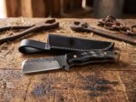Brass Maverick hand forged spring steel cowboy bull cutter knife with buffalo horn handle, brass pins and black leather sheath on a workbench