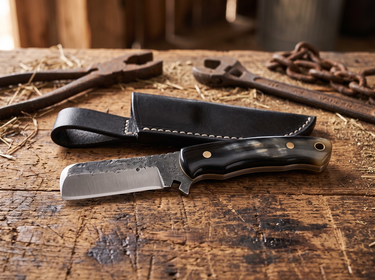 Brass Maverick Hand Forged Spring Steel Cowboy Bull Cutter Knife with Buffalo Horn Handle, Brass Spacer & Leather Sheath | Rancher Gift for Him | BMK-1145