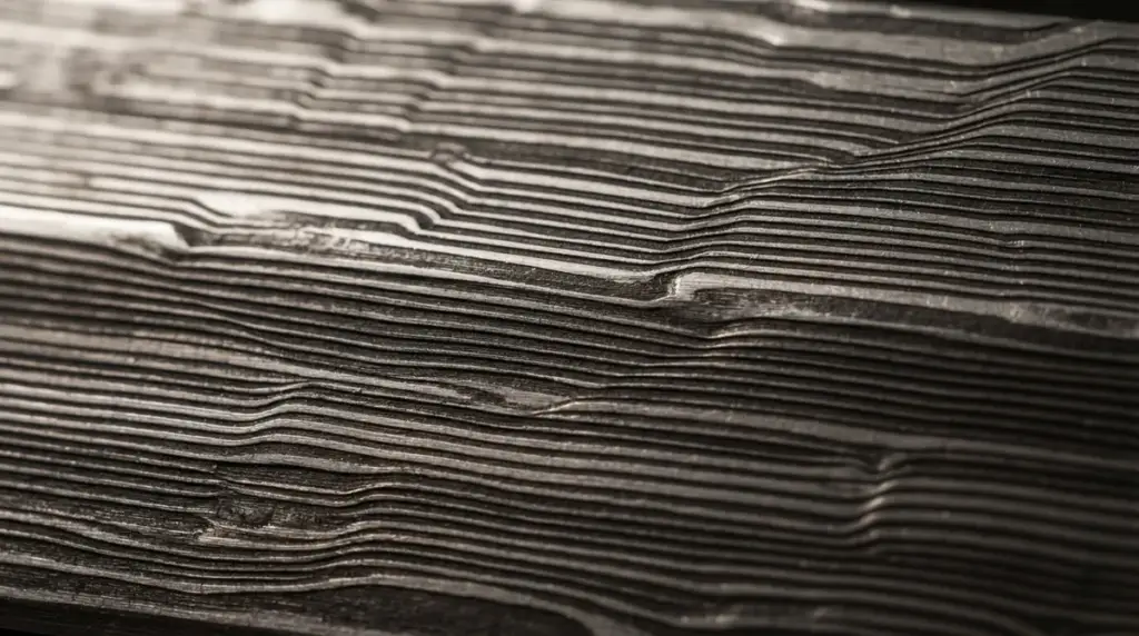 Extreme macro of a Damascus blade flat showing tight ladder pattern bands