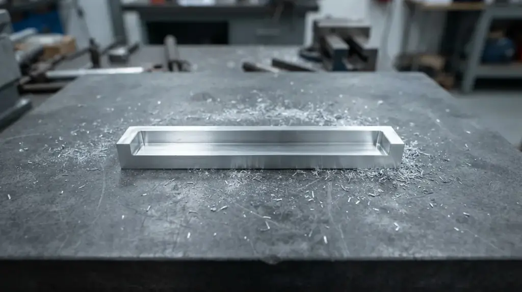 A milled aluminium channel handle with its open slot on a grey surface plate