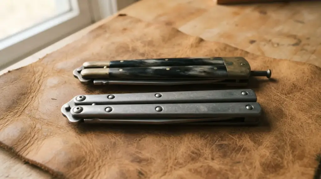A brass and horn butterfly knife beside a plainer steel sandwich build on leather