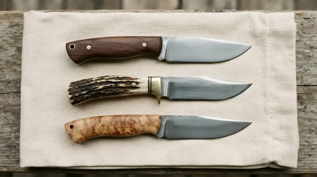 Three handmade hunting knives in a row on heavy undyed canvas
