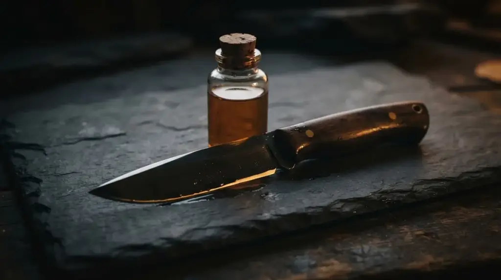 A freshly oiled hunting knife on dark slate with a plain glass bottle behind