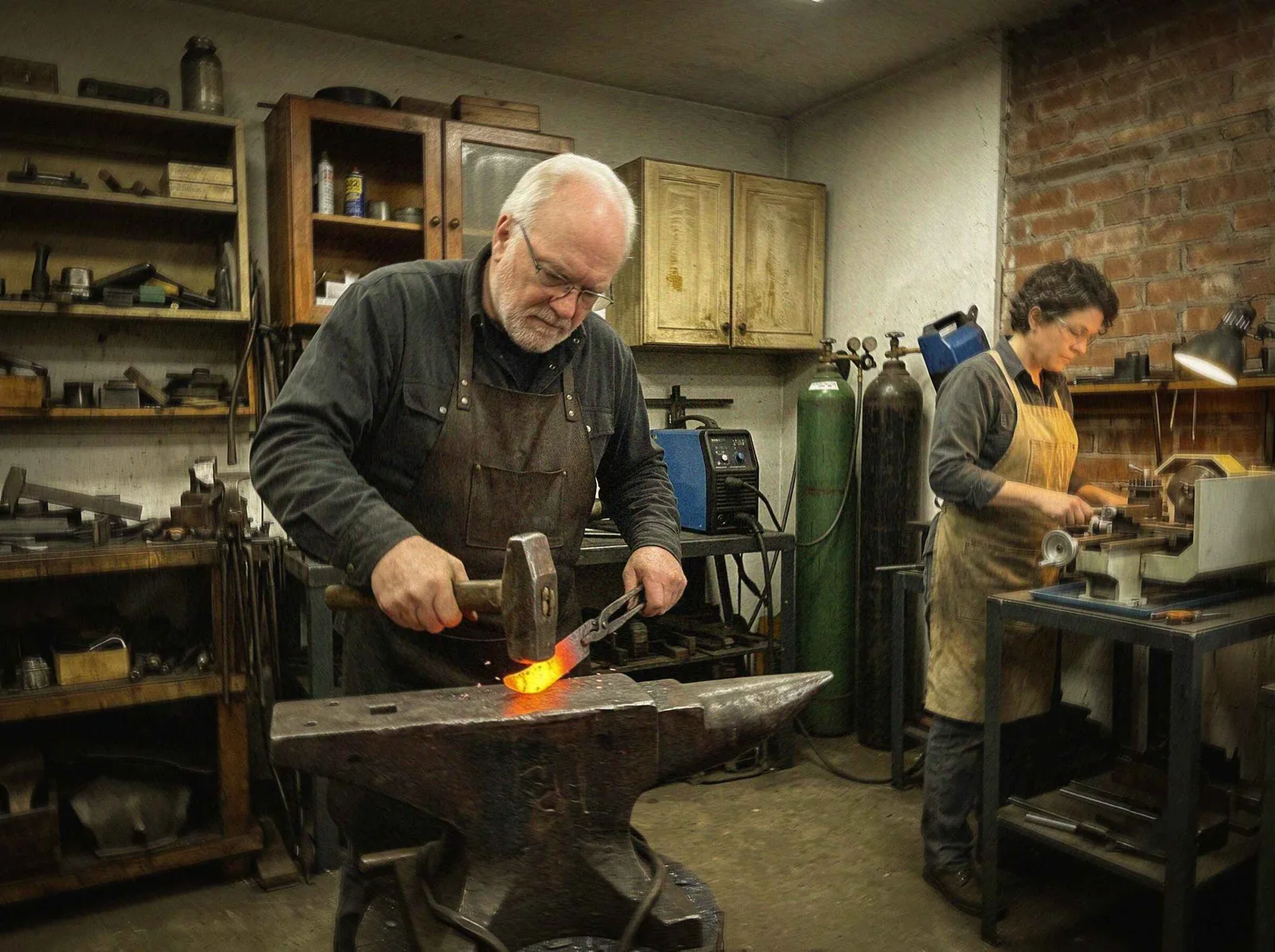 The Black Mamba Knives workshop in Memphis: one craftsman forging a blade at the anvil while another fits handle scales at the bench