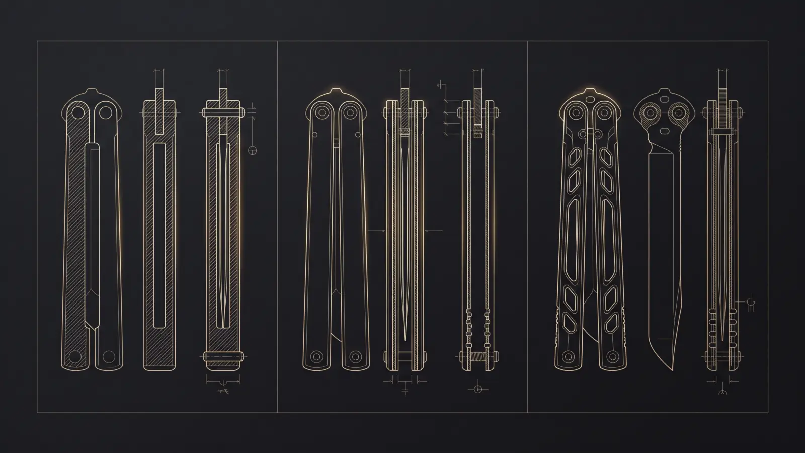 Comparison diagram of channel, sandwich and skeletonized balisong handle construction