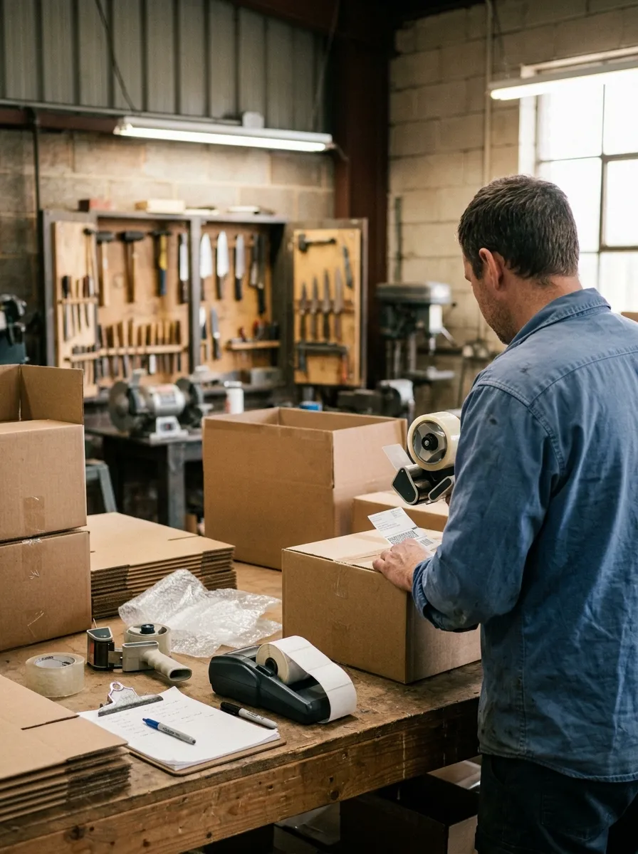 Jack Kowalski packing and labelling a customer order at the Black Mamba Knives shipping bench, viewed from behind