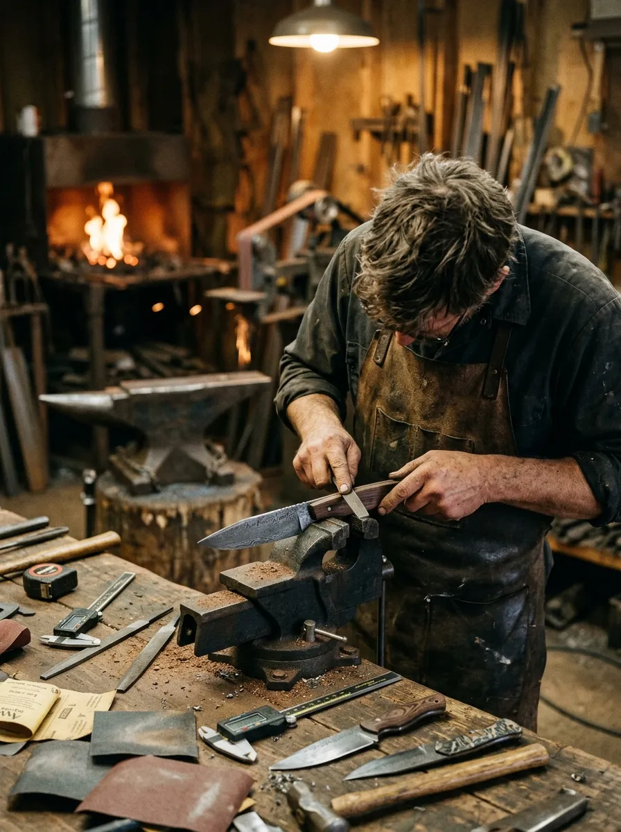Owner and artisan at Black Mamba Knives fitting handle scales to a hand-forged Damascus blade, viewed from behind