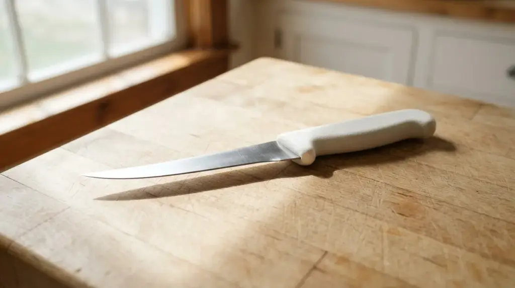 A stiff narrow curved boning knife on a scrubbed pale wooden butcher block