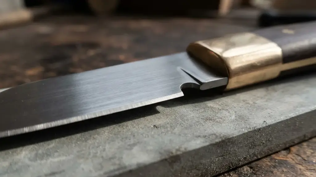 Close view of the small notch cut into the base of a straight blade edge beside the bolster