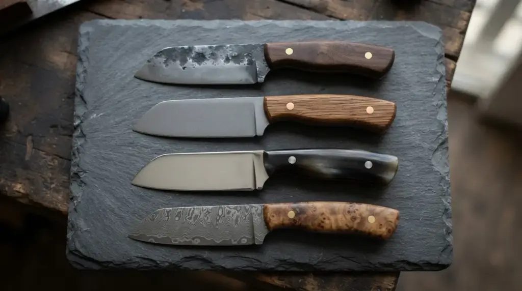Four bull cutter blades of the same shape showing four different steel surface finishes