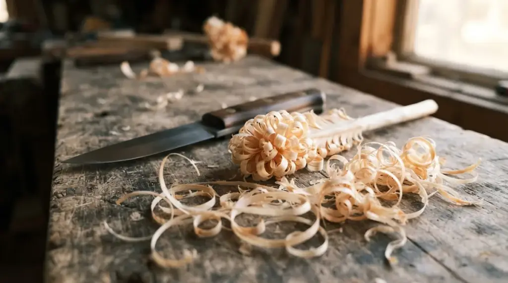 A bushcraft knife beside a feather stick and a pile of long curled wood shavings