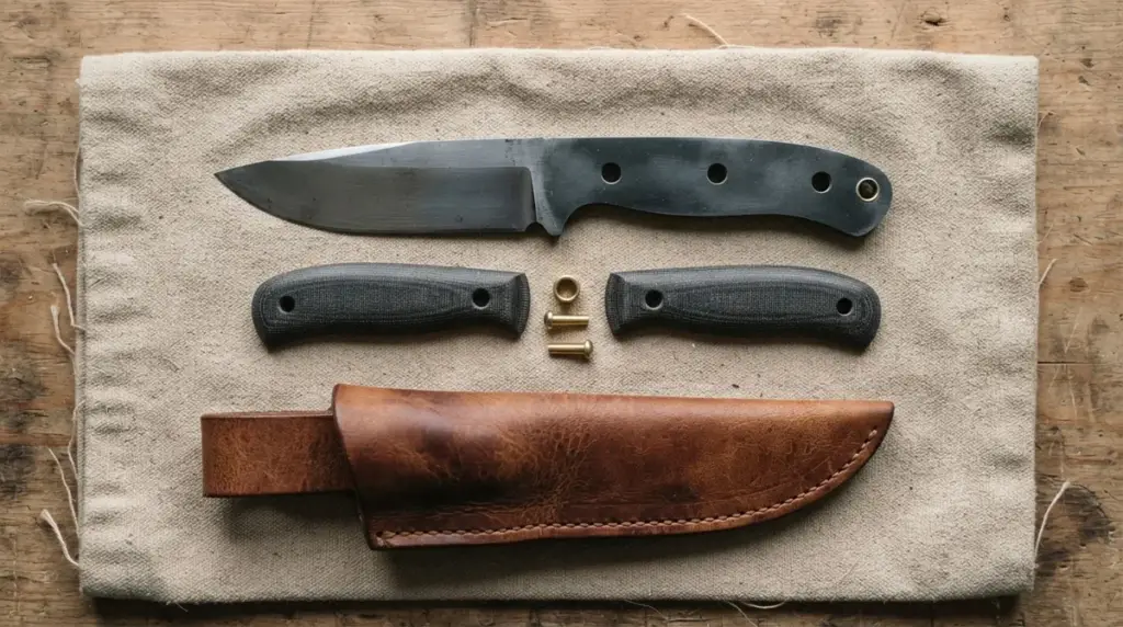 A bushcraft knife with its handle scales removed showing the full tang and pin holes