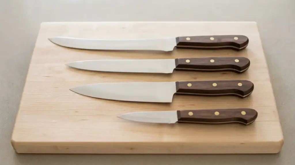 Four knives of different lengths laid out in order on a pale maple block
