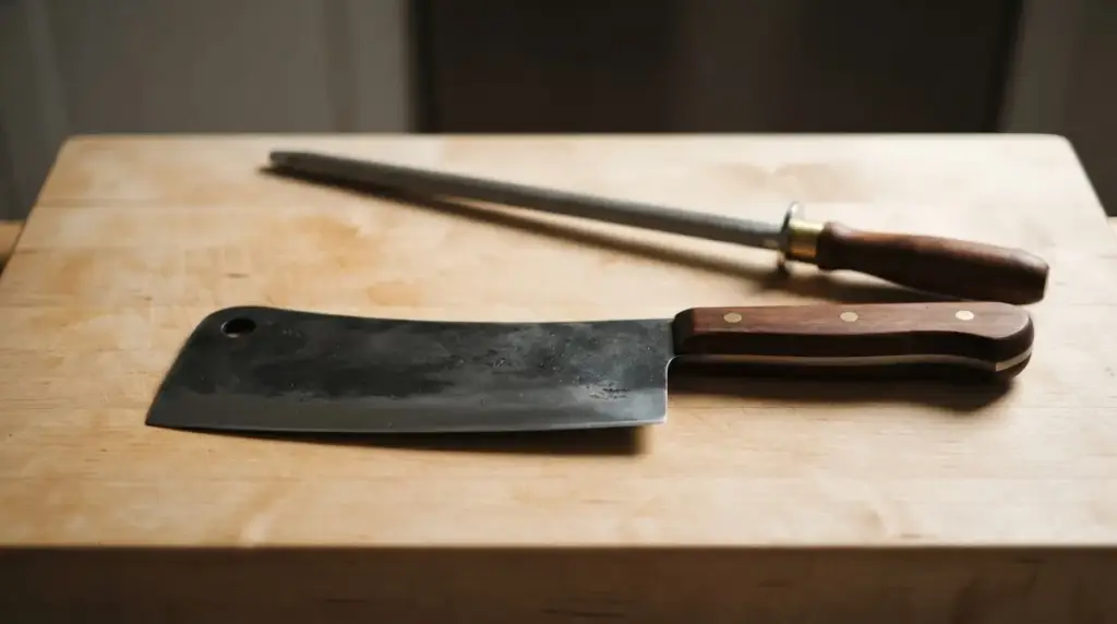 A heavy cleaver resting on a clean maple block with a honing steel behind it