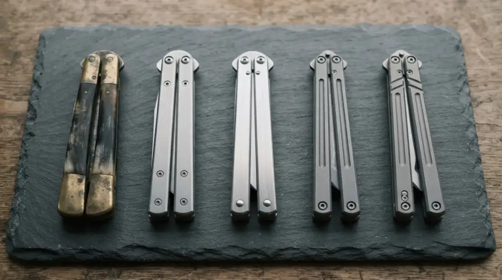 Five closed butterfly knives in a row from an aged brass piece to a modern one