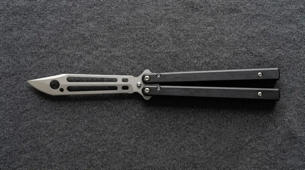 A butterfly trainer knife lying fully open and flat with handles aligned