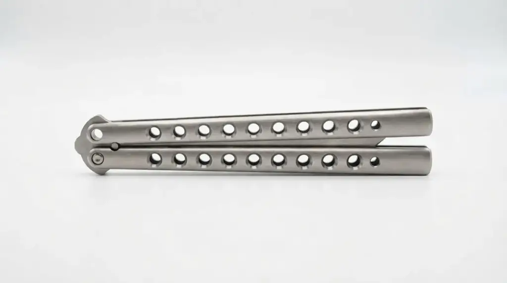 A skeletonized butterfly knife handle pierced with round lightening holes