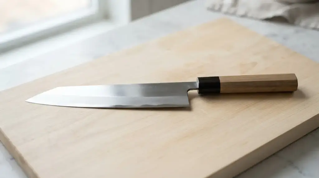 A single bevel Japanese kitchen knife lying flat with its wide ground face up