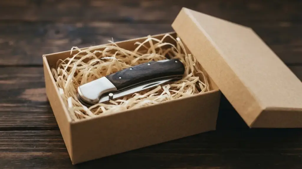 A closed folding knife in an open kraft gift box packed with wood wool