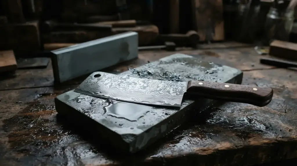 A Damascus cleaver lying on a wet grey water stone beside a finer stone