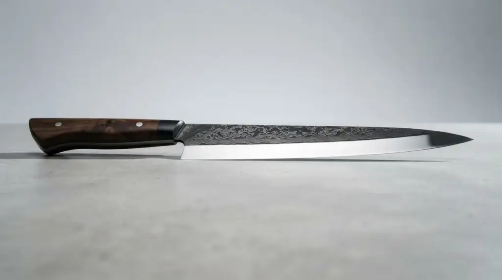 A Damascus chef knife lit so the polished primary bevel reads as one bright band