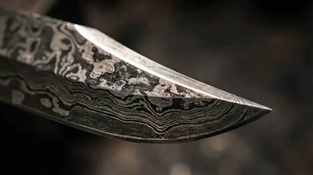 Macro of a bowie clip point showing the false edge bevel along the spine