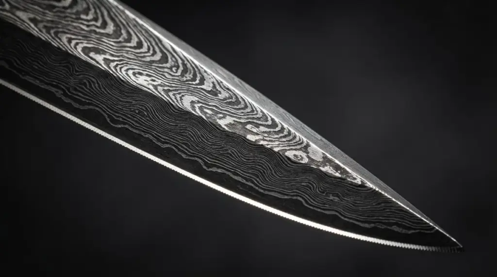 Macro of a Damascus bevel with the layered pattern running through to the edge