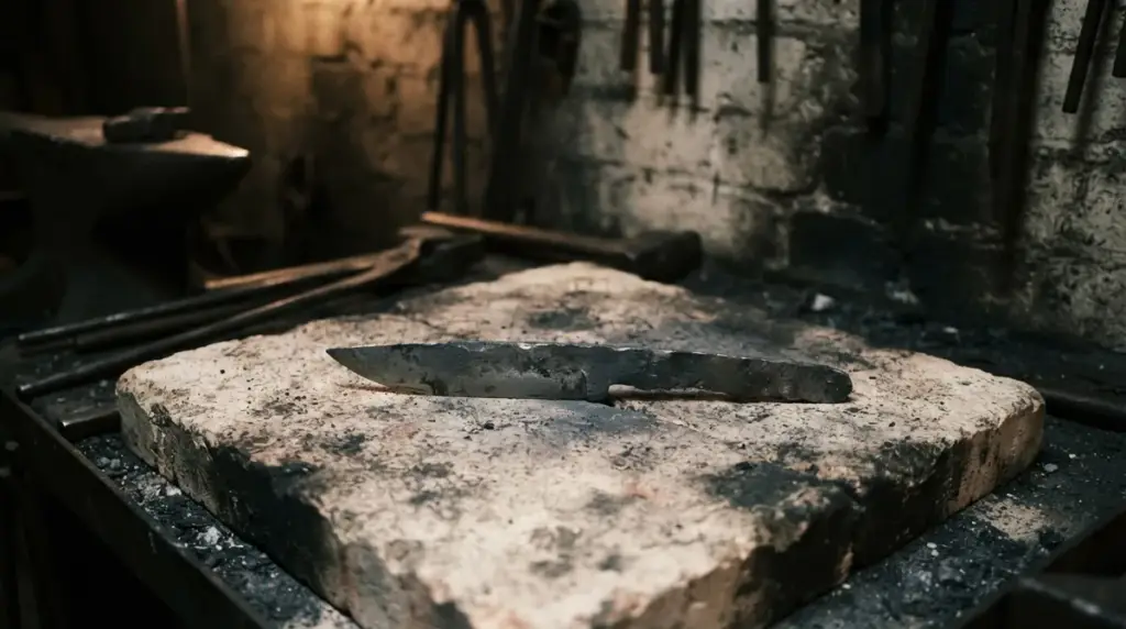 An unpolished forged blade blank in dark oxide scale resting on a firebrick