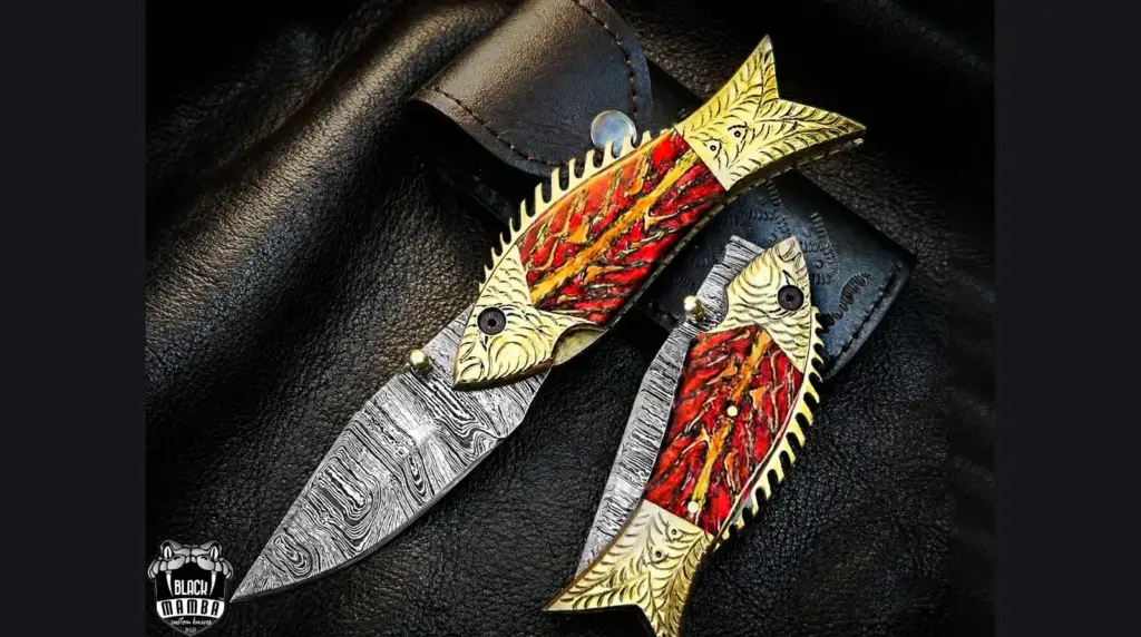 Flexible Damascus fillet knife with micarta handle on a wet dock board