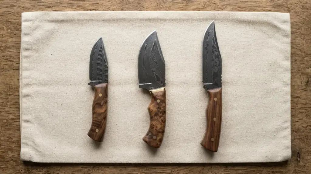 Three Damascus fixed blades on canvas, a drop point, a skinner and a clip point