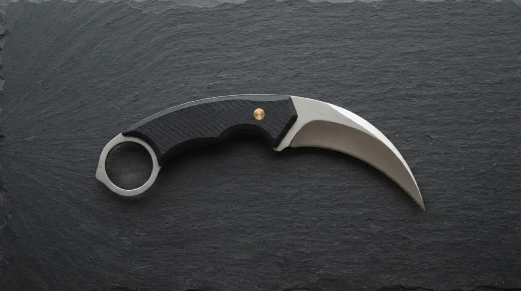 Overhead view of a karambit showing the full hooked curve of the blade and the finger ring