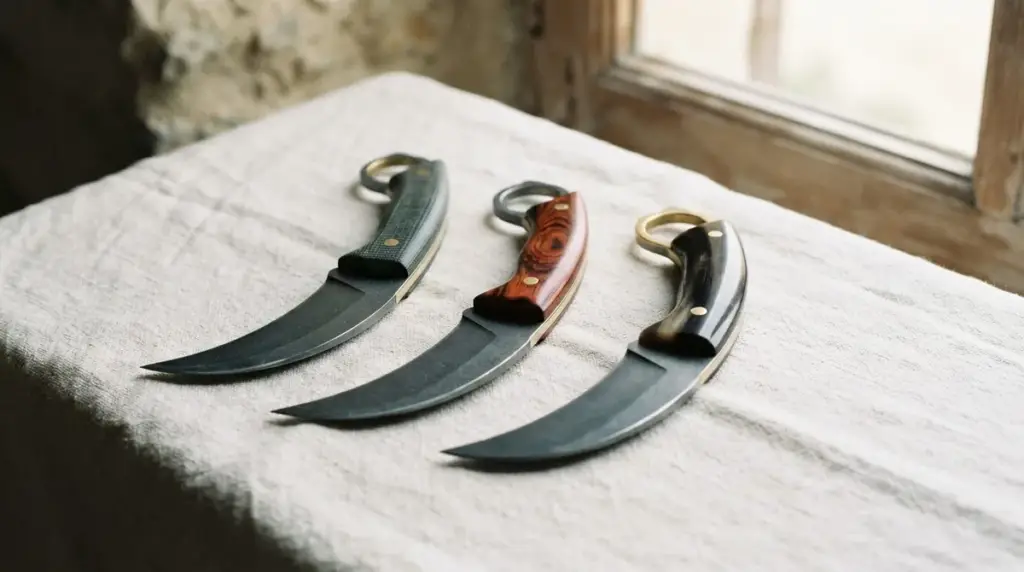 Three karambits with micarta, rosewood and buffalo horn handles laid on pale linen